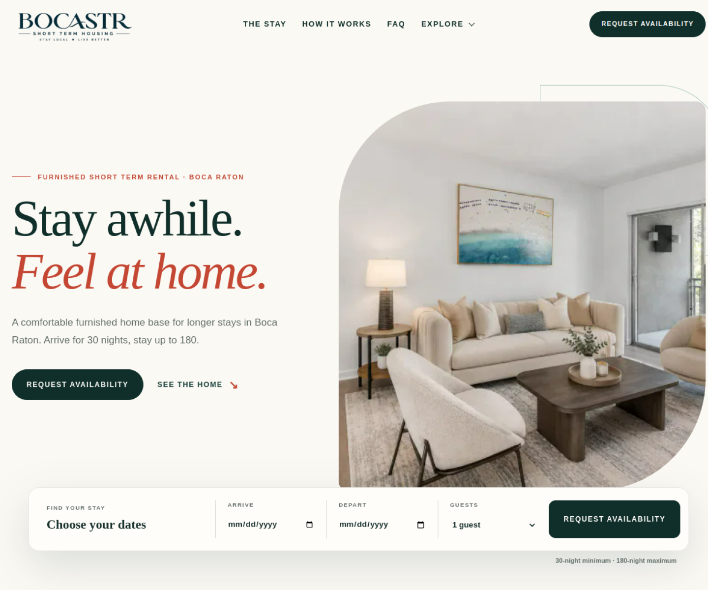 Boca STR website homepage with furnished-stay messaging and availability actions