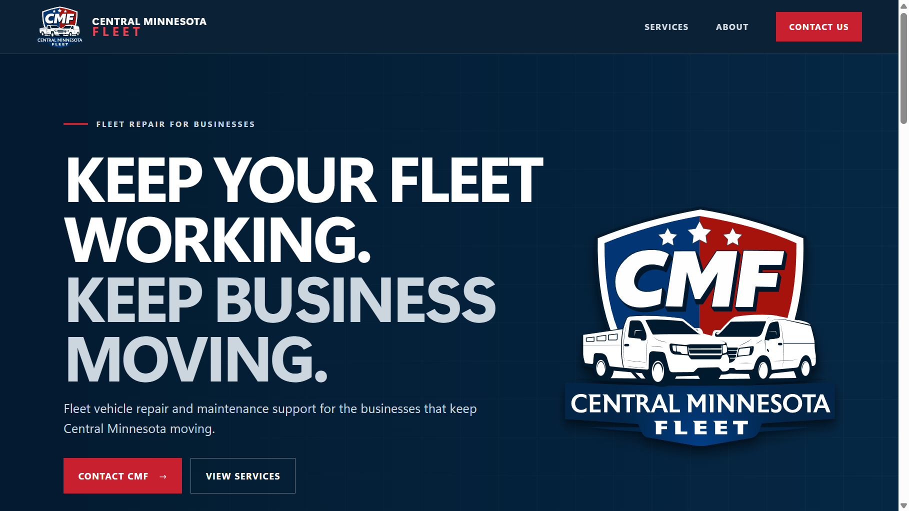 Central Minnesota Fleet website homepage with fleet repair messaging and direct contact actions